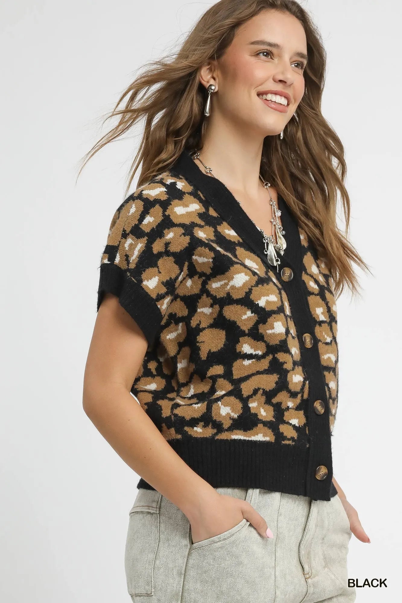 Umgee Black Leopard Button Down Short Sleeve Cardigan