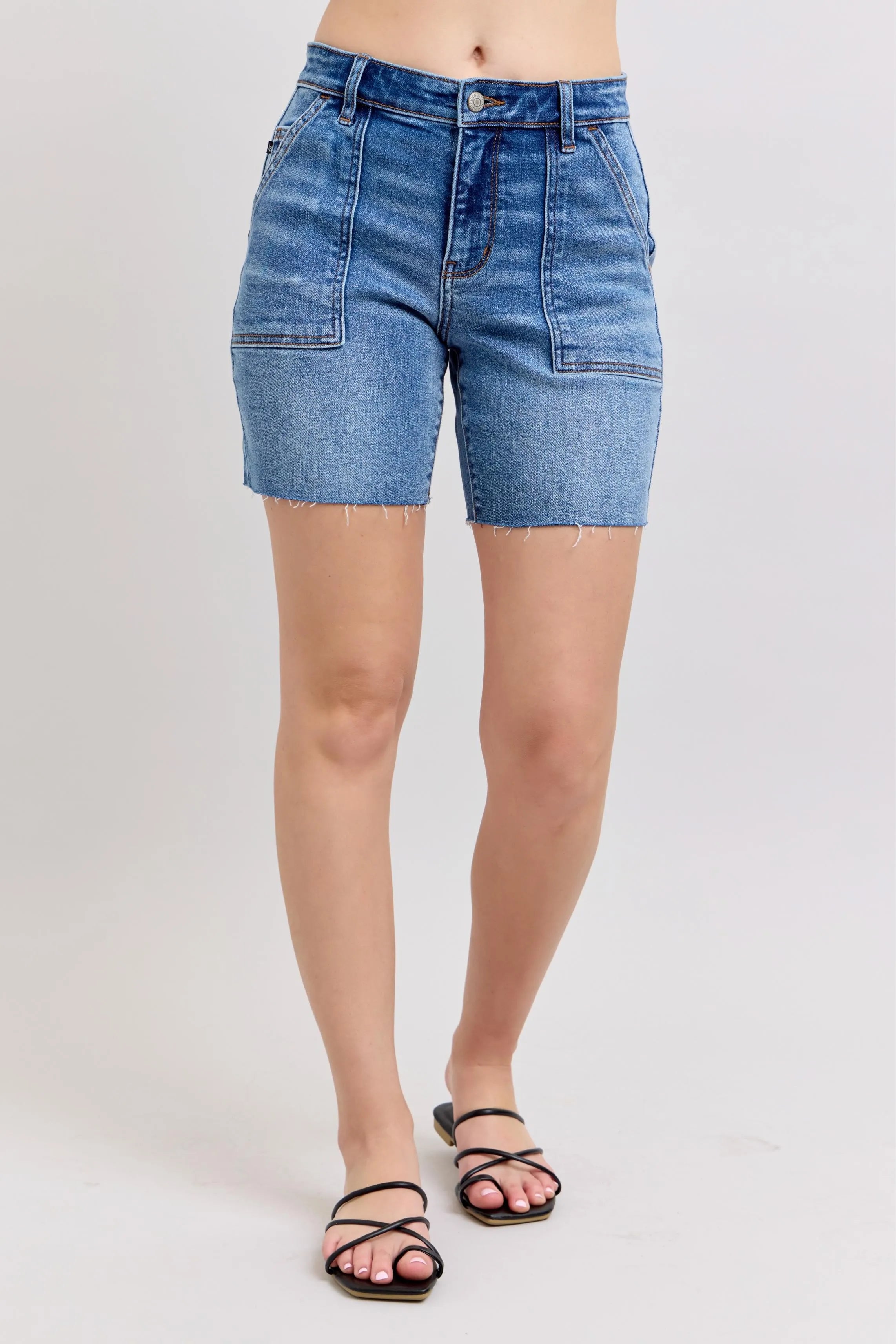 Judy Blue Mid Rise Bermudas Denim Shorts W/ Back Flap Pockets