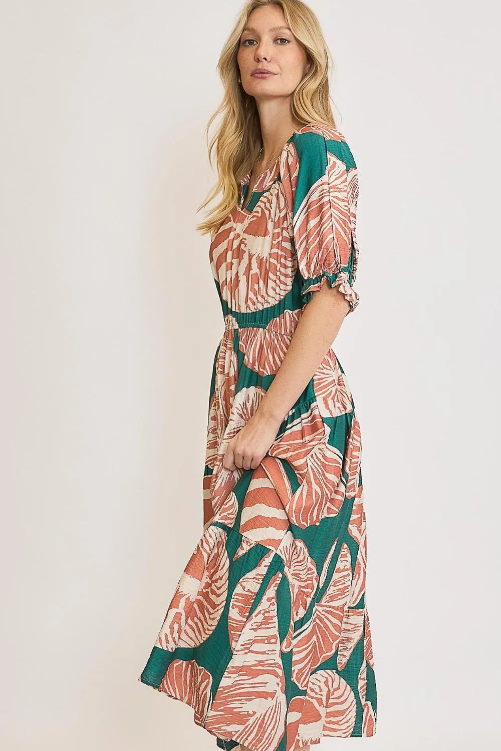 Umgee Green & Clay Printed Notched Puff Sleeve Midi Dress