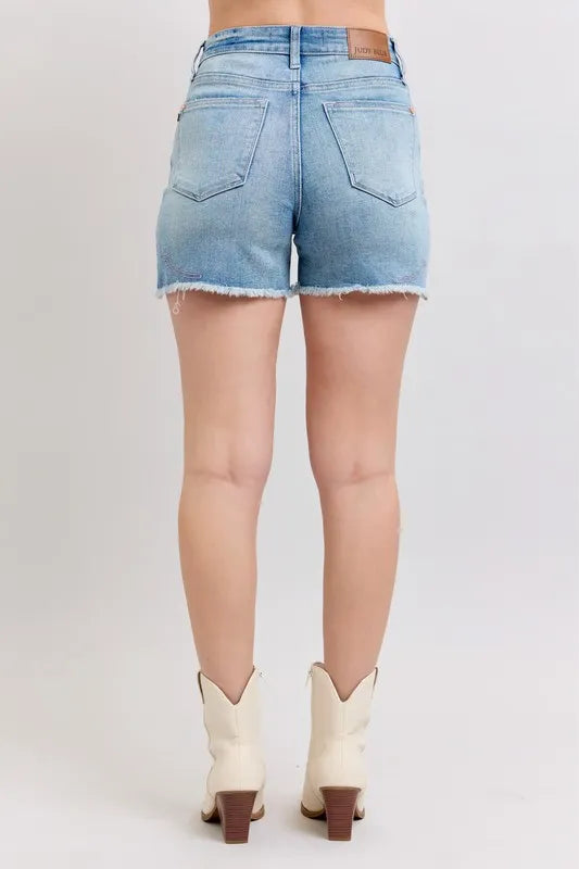Judy Blue High Waist Western Pink Embroidery Detail Cut Off Denim Shorts