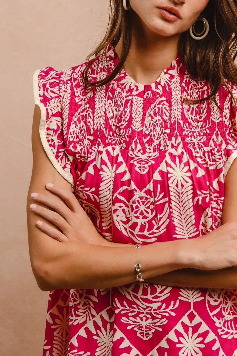 BiBi Pink Printed Ruffle Sleeve Top