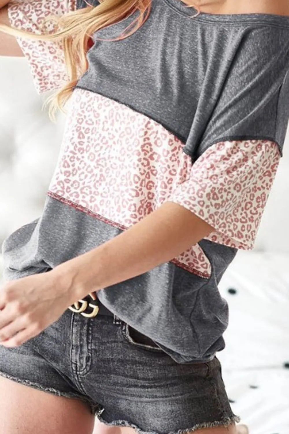 BiBi Charcoal Triblend Knit with Leopard Block Out Stitching