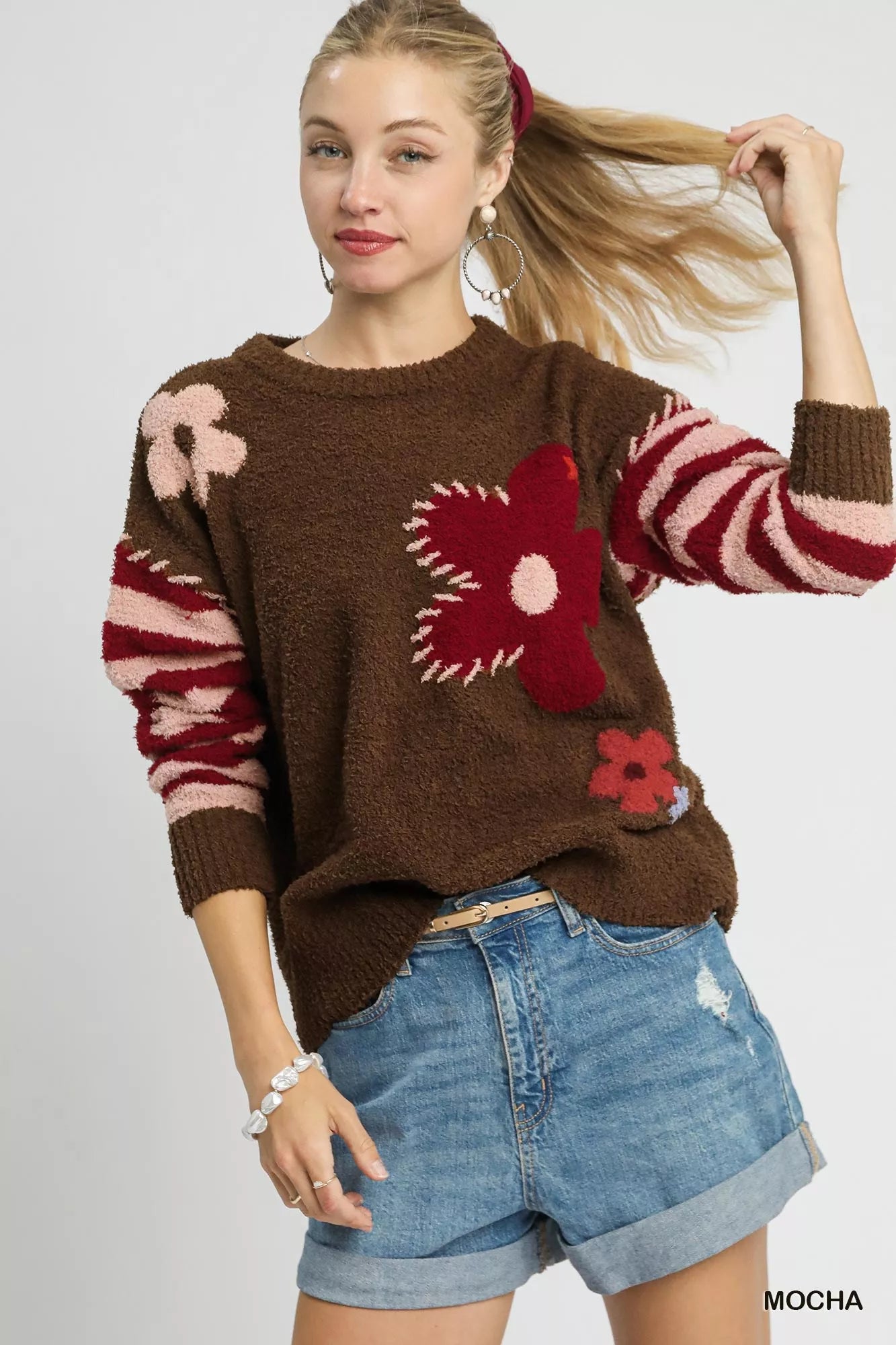 Umgee Mocha Flower Jacquard Striped Long Sleeve Sweater Mocha
