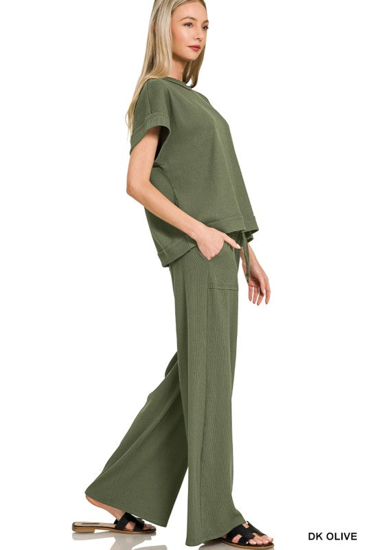 Zenana Black Ribbed Short Sleeve Tee and Pants Set