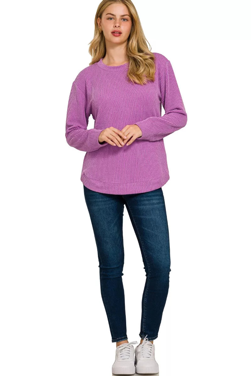 Zenana Light Plum Raised Rib Round Neck Long Sleeve Top