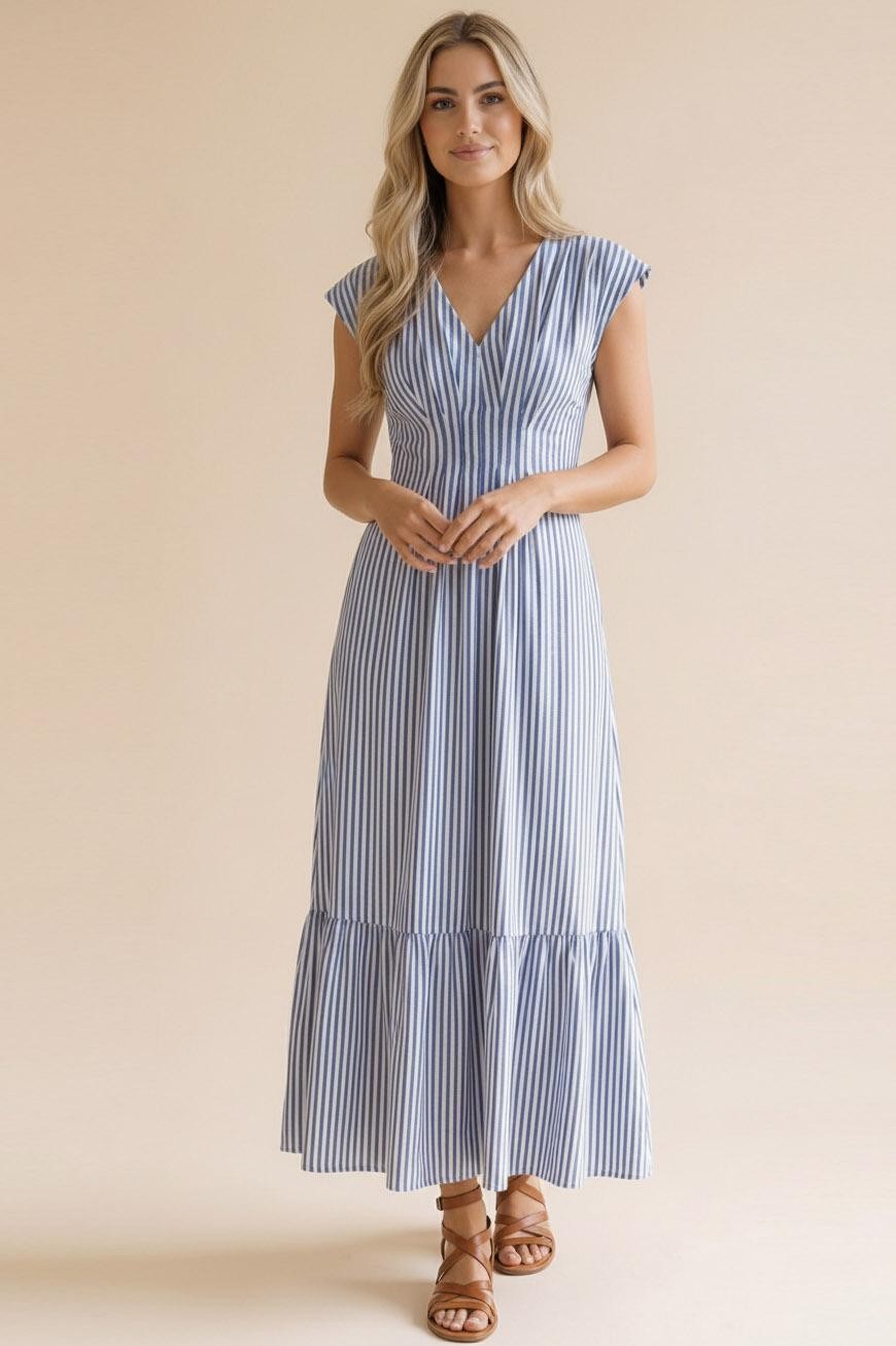 Haptics Sunny Days Striped Pleated Back Smocked Waist Stripe Woven Maxi Dress in Red