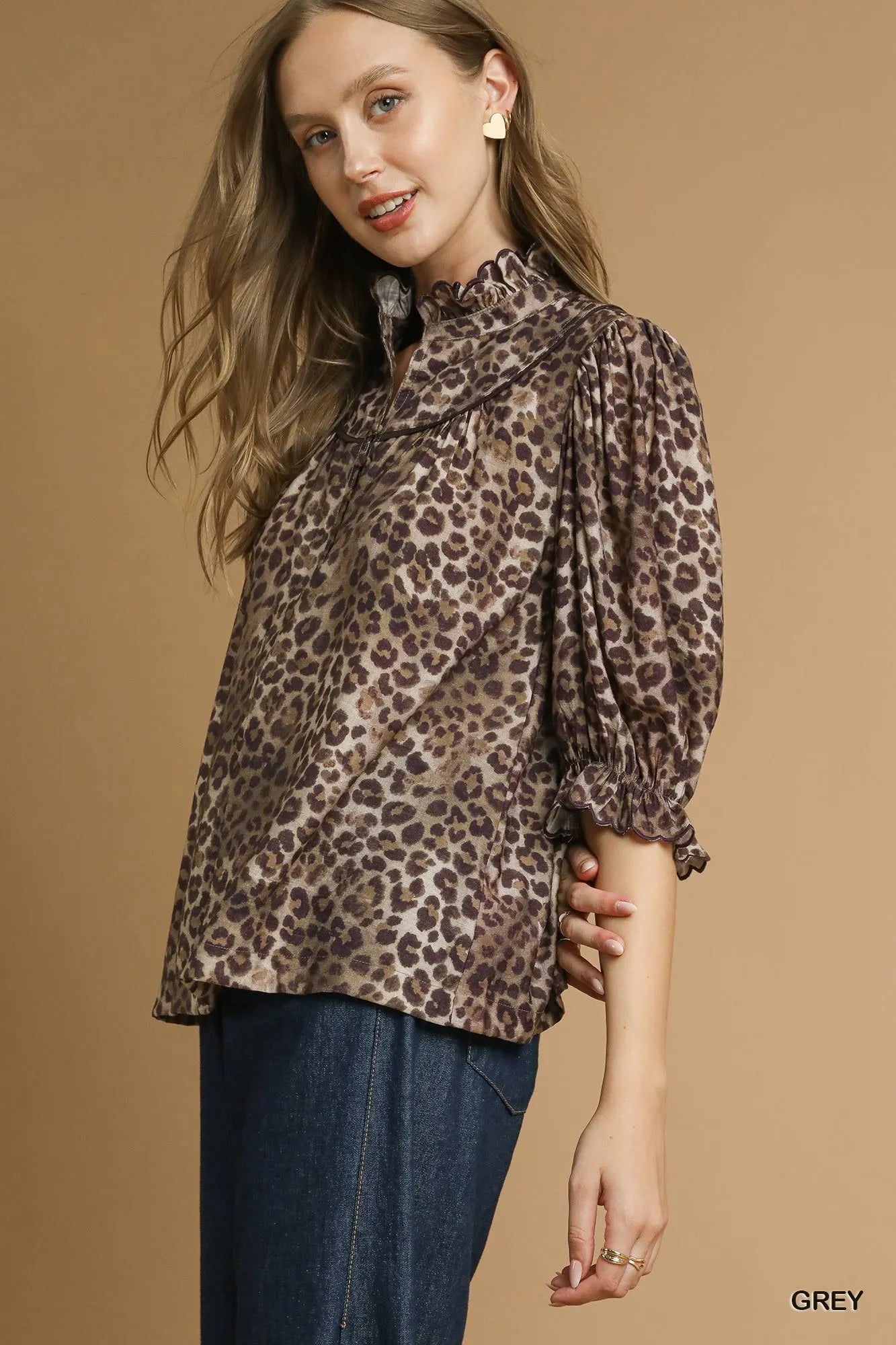 Umgee Grey Leopard Print Ruffle Neck Blouse