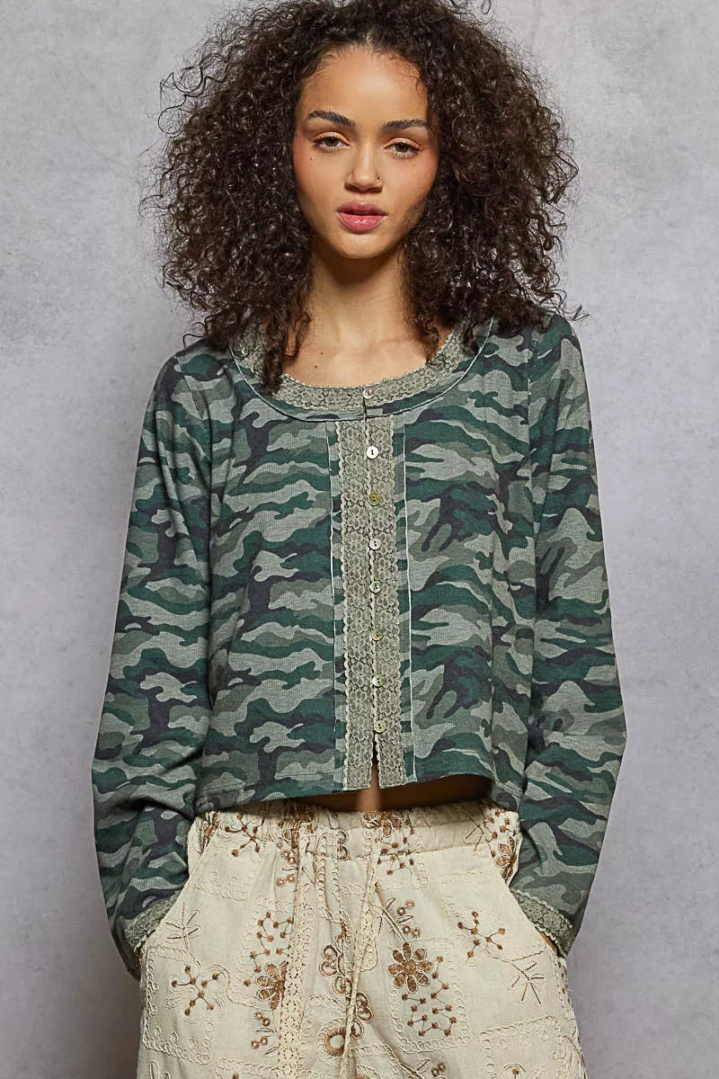 POL Olive & Camouflage Print Long Sleeve Top