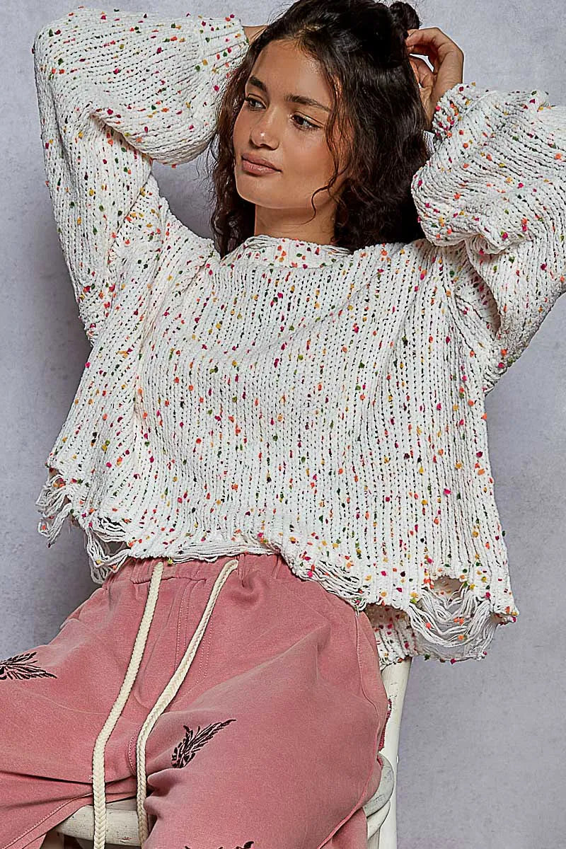 POL White Pink Round Neck Fringed Hem Sweater