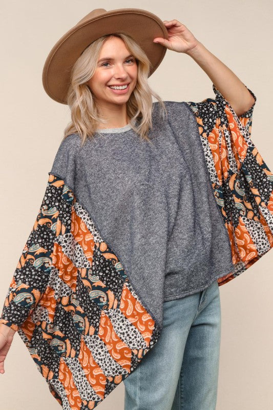 Haptics Two-tone Paisley French Terry Poncho Top