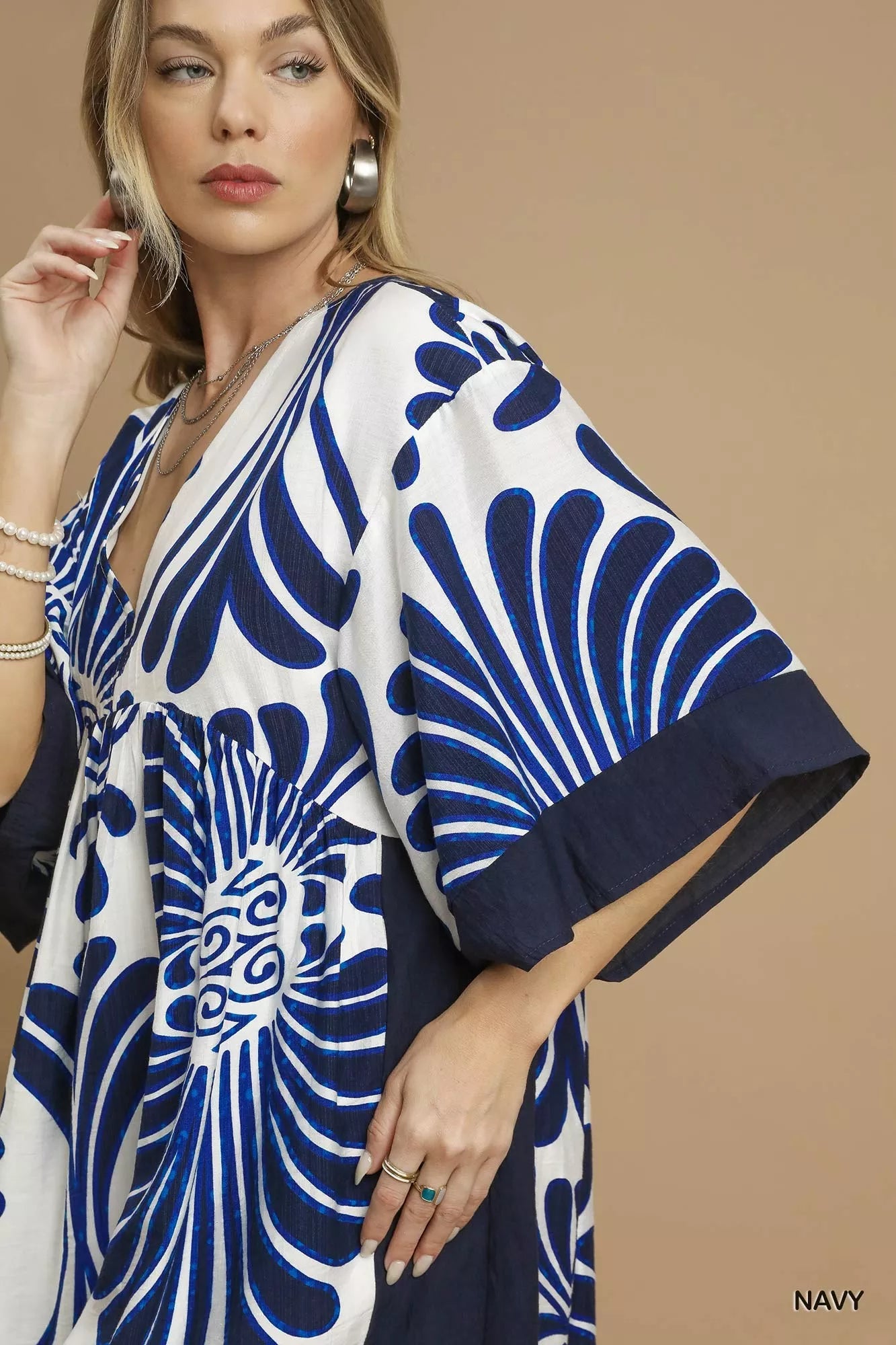 Umgee Navy Abstract Print Kimono Sleeve Mini Dress