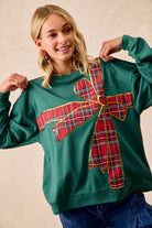 BiBi Plaid Ribbon Bow Detail Christmas Fleece Pullover – Green/Red Plaid