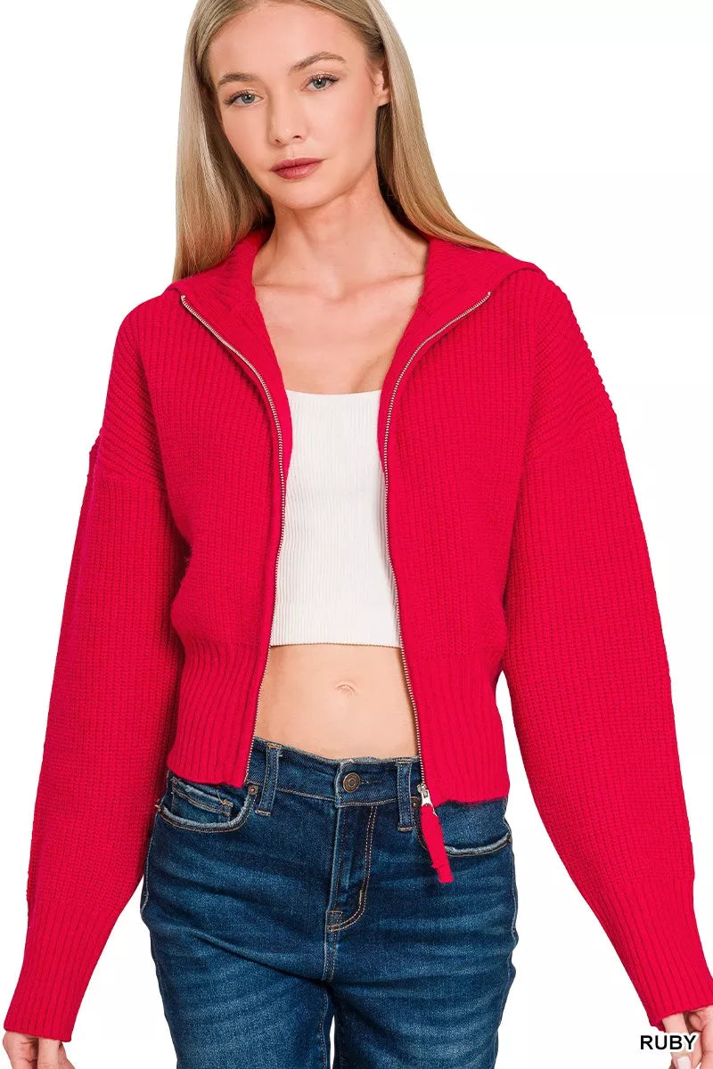 Zenana Ruby Ribbed Collared Zip Up Sweater Cardigan RUBY