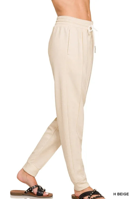Zenana Heather Beige Drawstring Scuba Jogger Sweatpants with Pockets