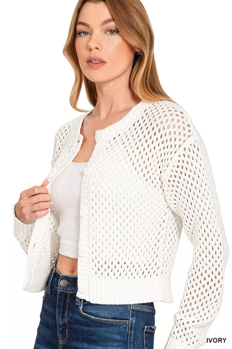 Zenana Ivory Button Down Lightweight Crochet Cardigan Sweater
