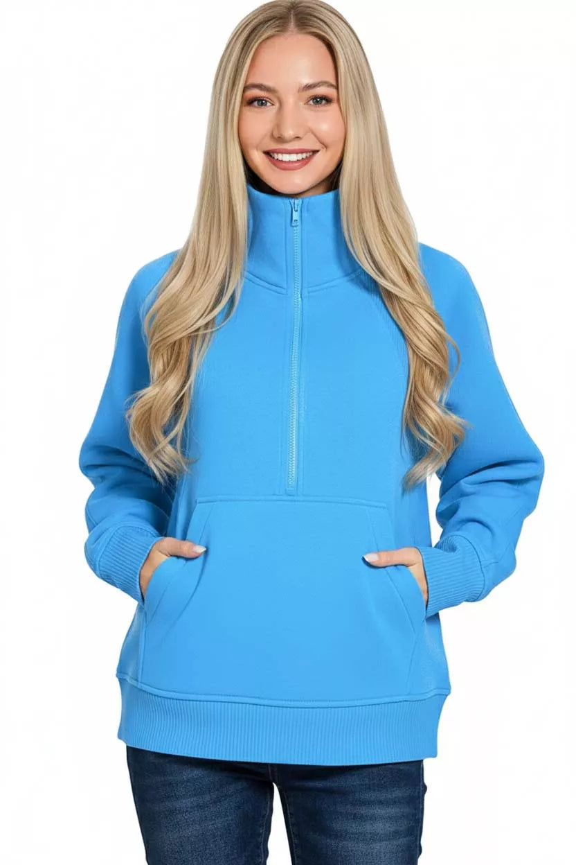 Zenana Deep Sky Half Zip Fleece Sweatshirt with kangaroo Pocket