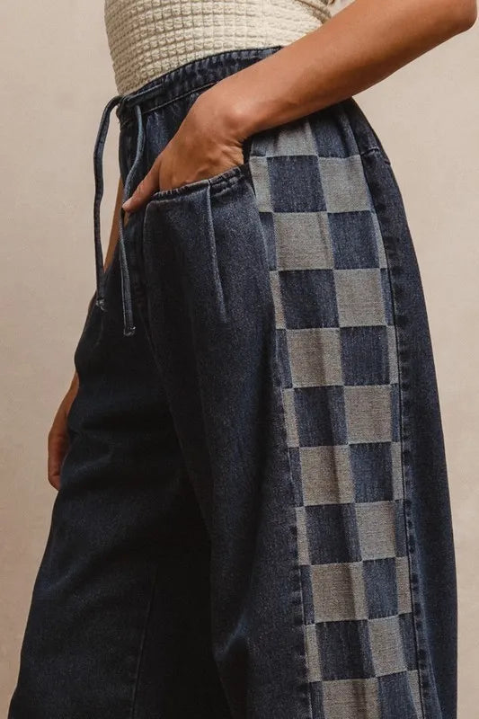 BiBi Washed Denim Mix And Match Checkered Denim Pants