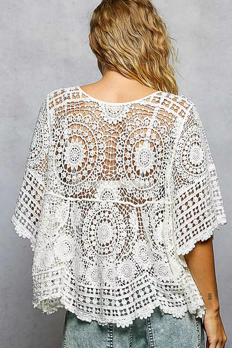 POL V-Neck Crochet Top with Scalloped Hem