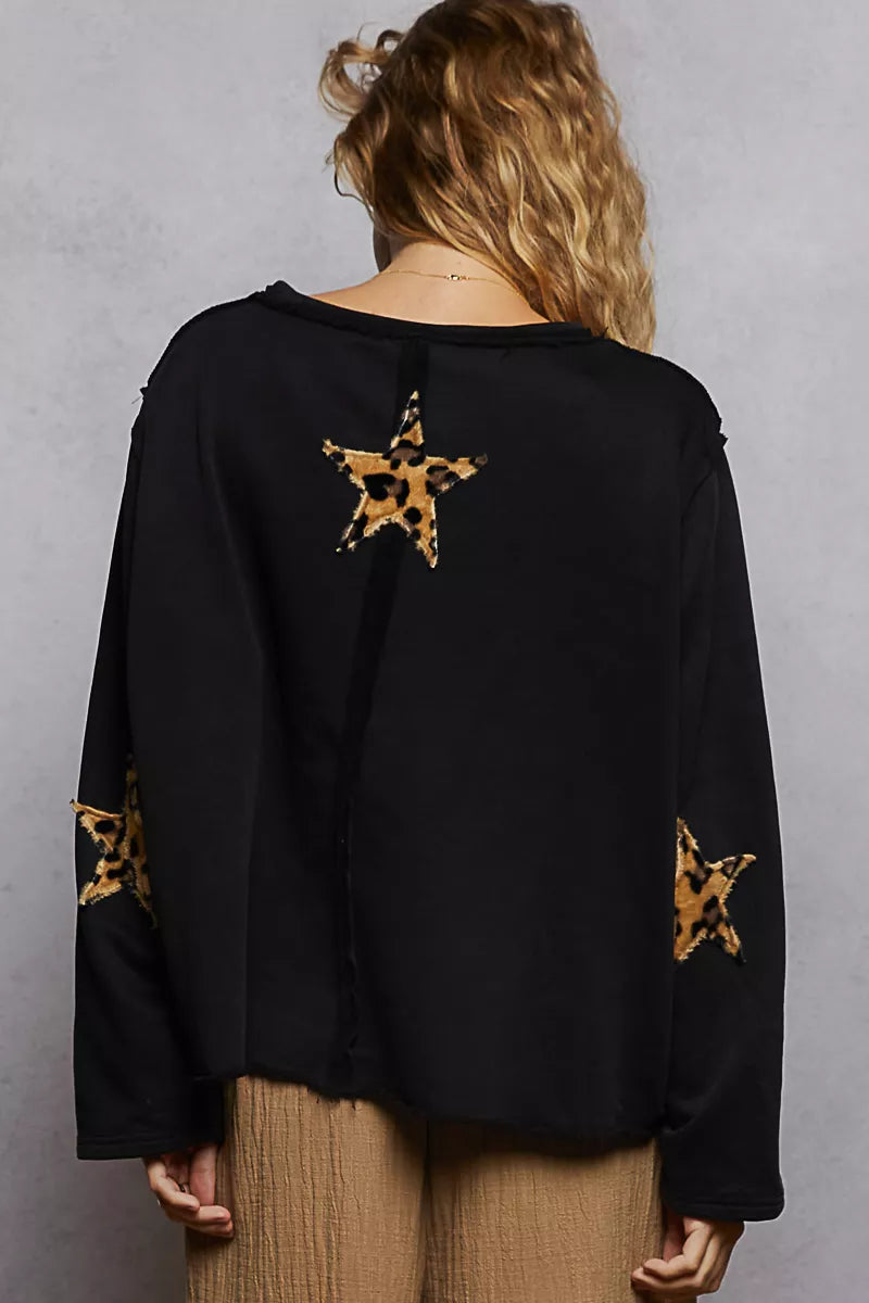 POL Black Round Neck Long Sleeve French Terry Sweatshirt with USA Letter Animal Patch