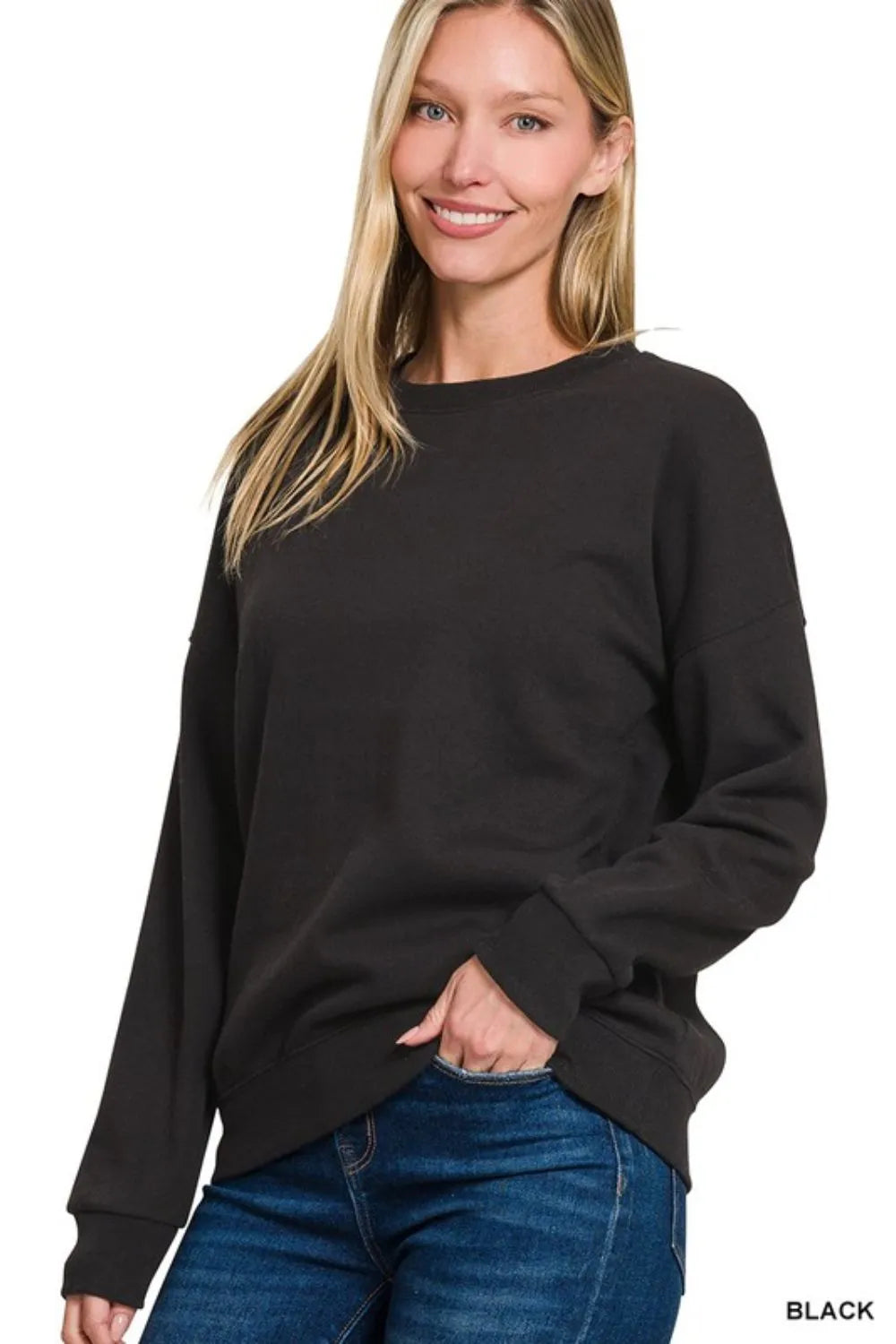 Zenana Black Fleece Drop Shoulder Sweatshirt
