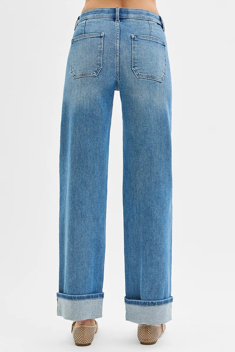 RISEN Elastic Band Mid Rise Wide Front Patch Pocket Cuff Jeans