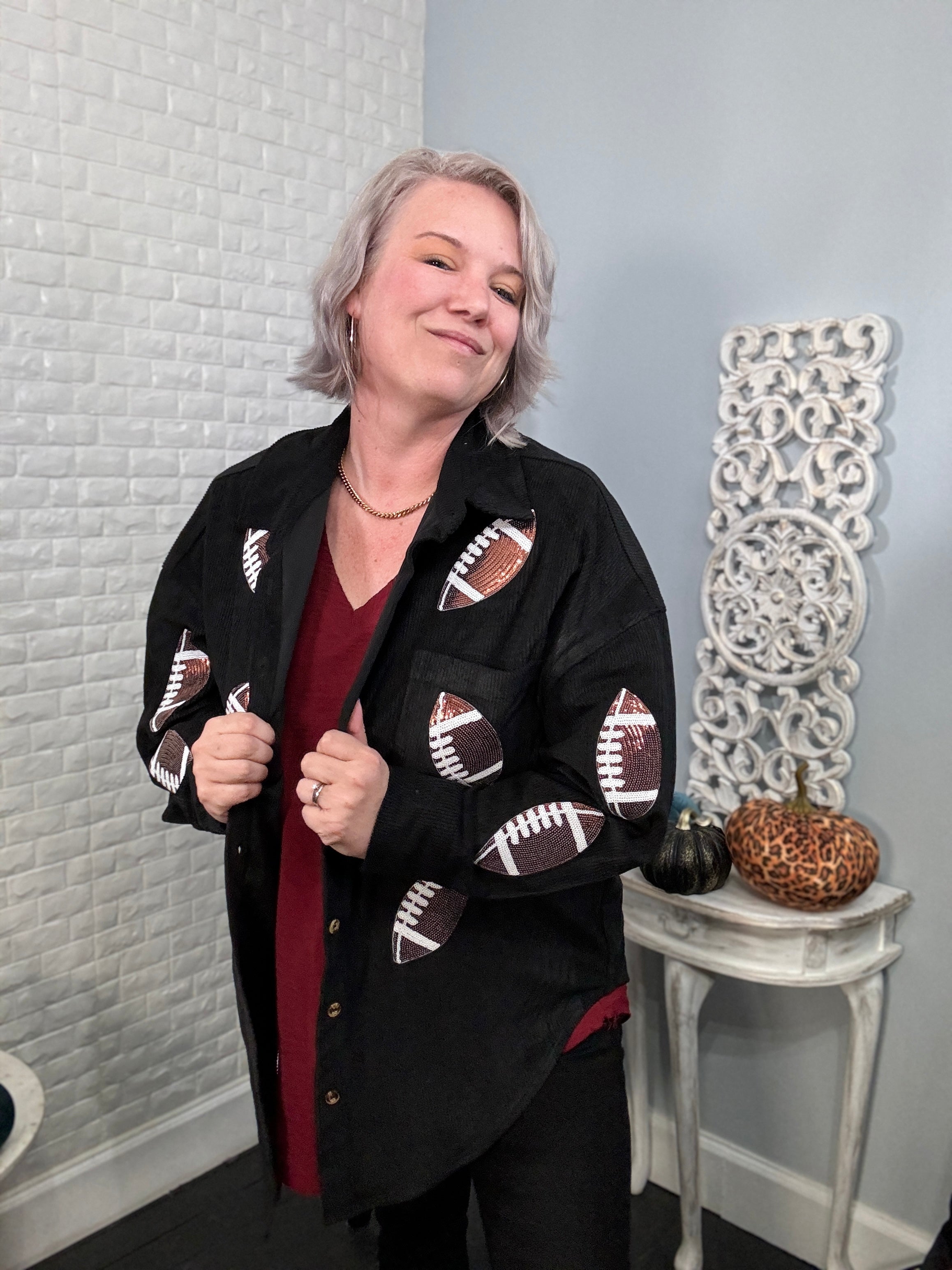 Preorder: Ruby Idol Sequin Football Black Button Up Long Sleeve Corduroy Jacket Shirts & Tops