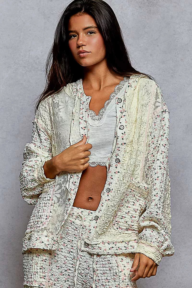 POL Cream Floral Balloon Sleeve Hooded Lace Jacket with Stitch Detail