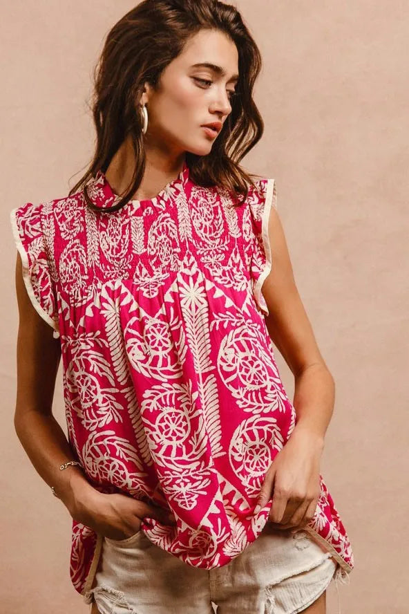 BiBi Pink Printed Ruffle Sleeve Top