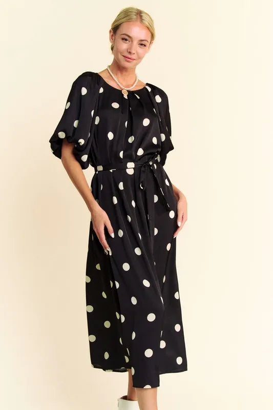 Davi & Dani Black Polka Dot Puff Sleeves Waist Tie Midi Dress