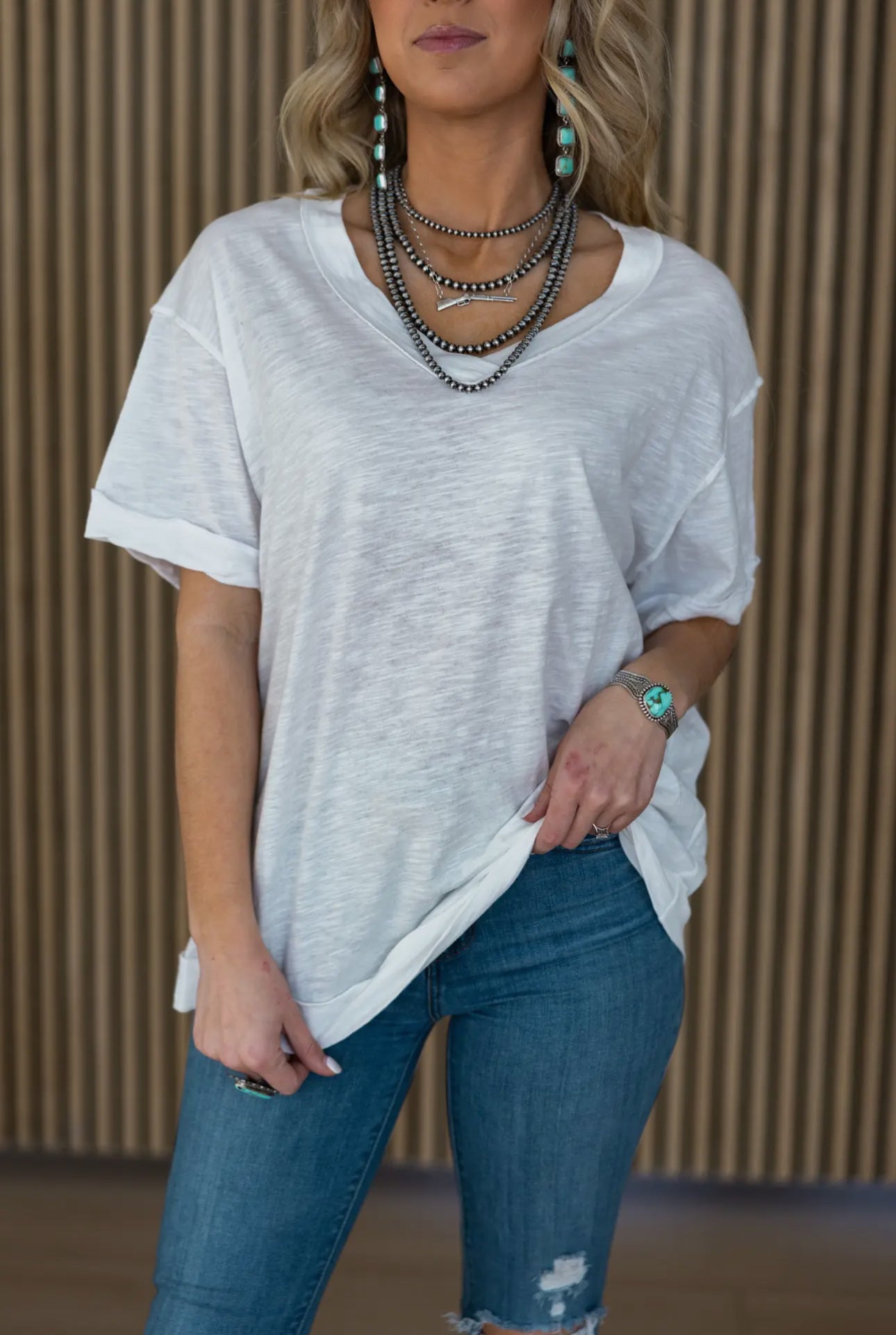 Andree by Unit Basic Instinct Drop Shoulder V-Neck Raw Edge Tee in Ivory Womens