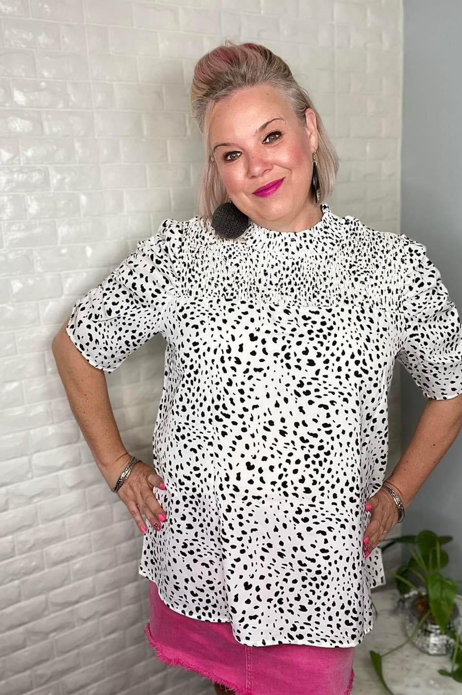 Preorder: Ruby Idol White and Black Dalmatian Printed Ruched Smocked Mock Neck Blouse Shirts & Tops