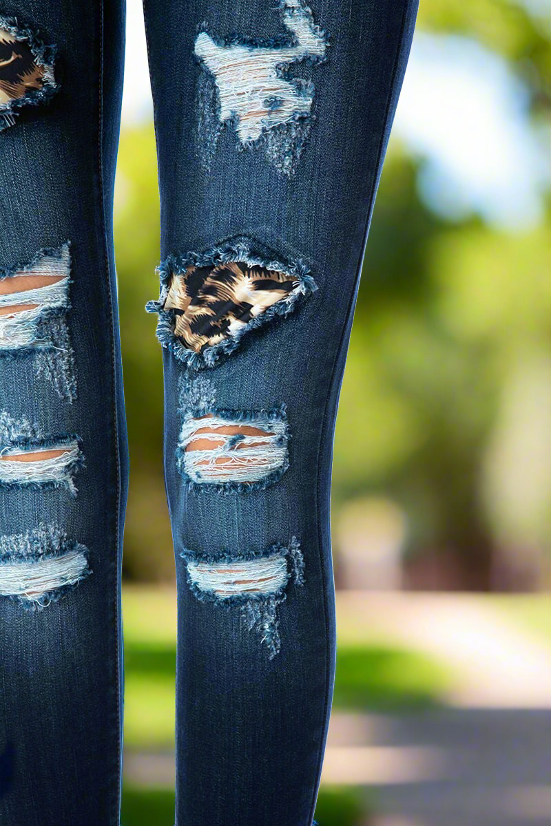 KanCan Mid Rise Distressed Leopard Print Accent Super Skinny Jeans Jeans