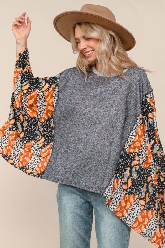 Haptics Two-tone Paisley French Terry Poncho Top