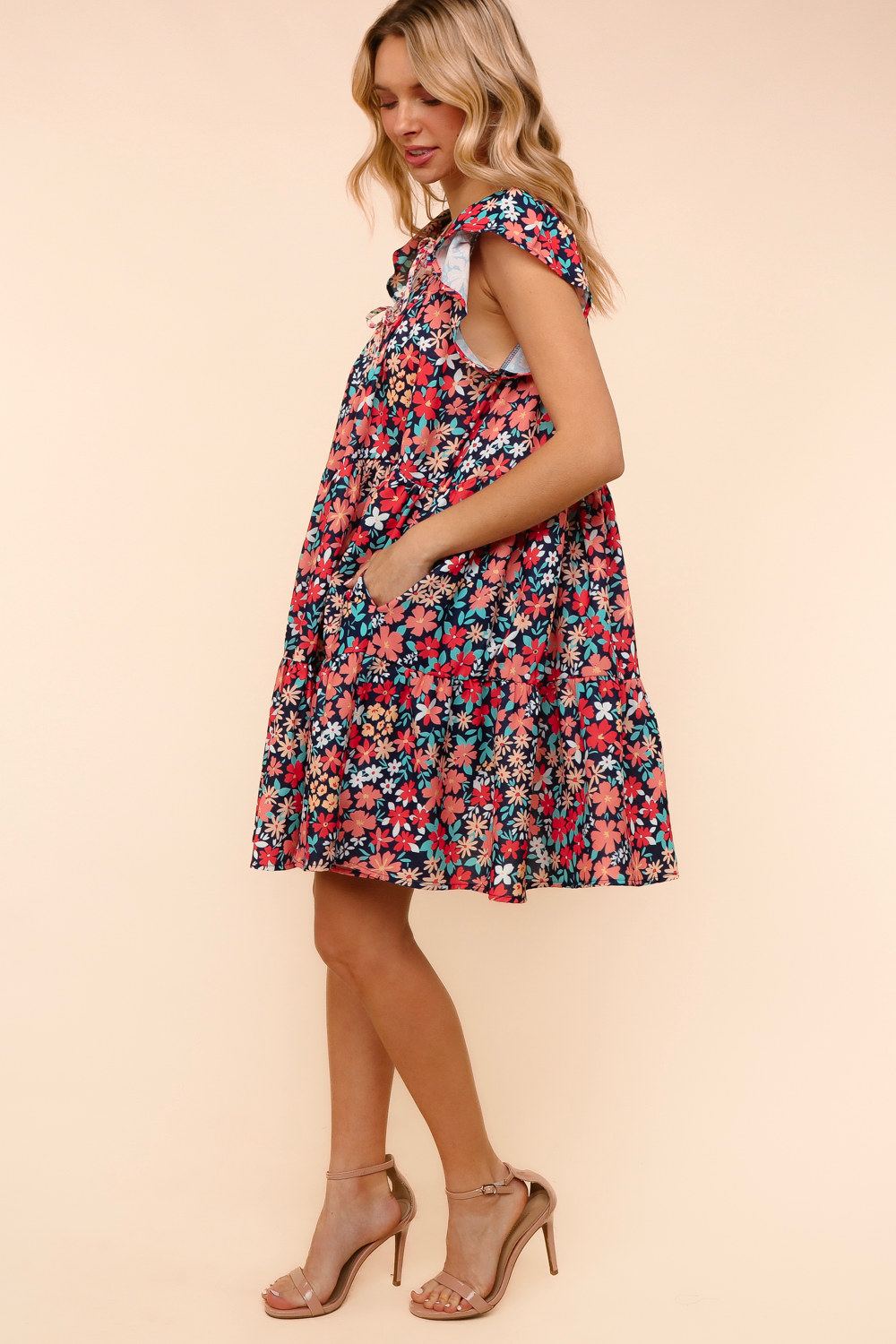 Petal to the Metal Flutter Sleeve Dress in Navy/Coral Womens