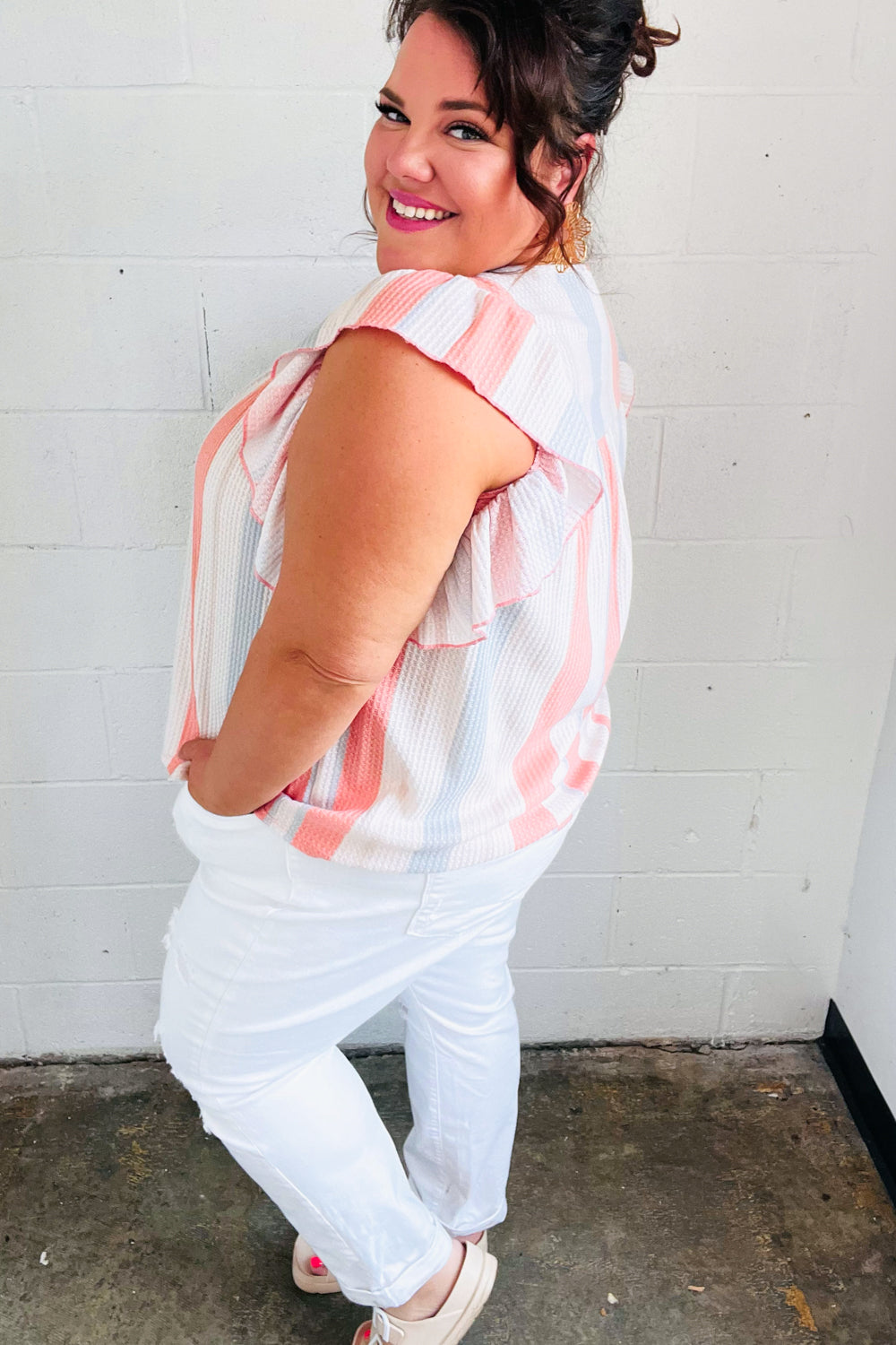 Sugarfox Coral & Light Blue Stripe Waffle Tie Neck Top