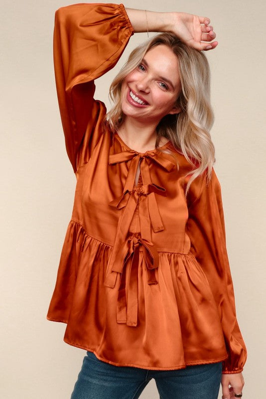 Haptics Babydoll Rust With Front Ribbon Bow Tie Blouse