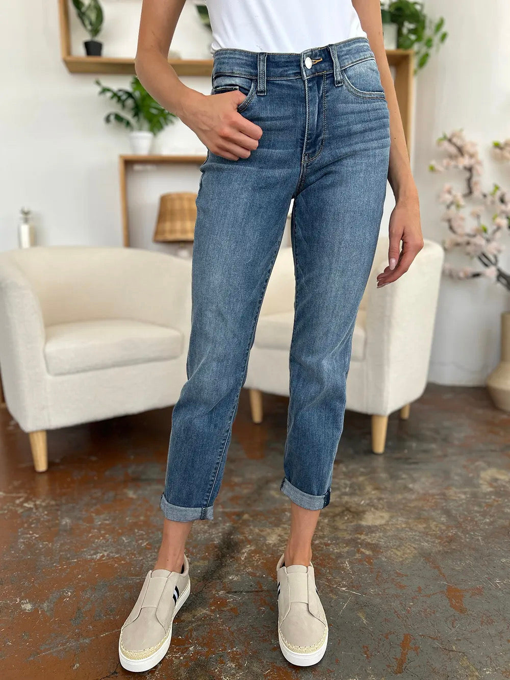 Judy Blue Medium Wash Cuffed Hem Slim Jeans Apparel & Accessories