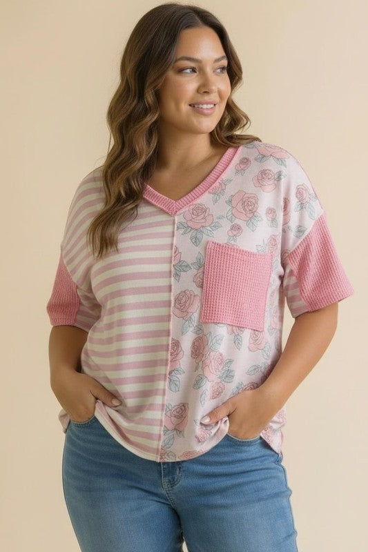 Haptics So Rosy Mixed Print V-Neck Top