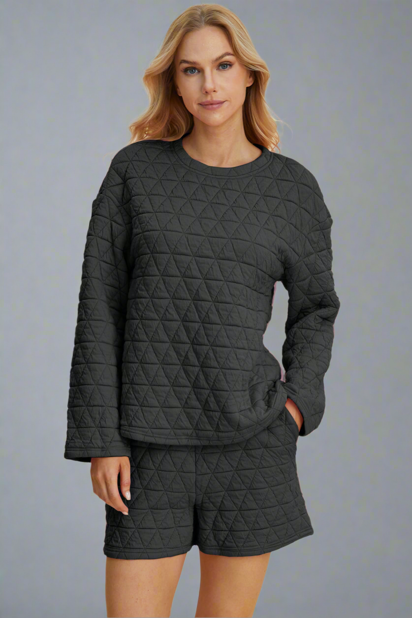 Double Take 3 Colors Quilted Textured Round Neck Long Sleeve Top and Shorts Set Black Loungewear