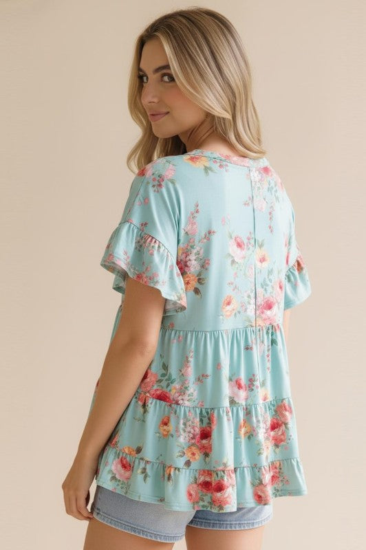 Haptics Frill Hem Babydoll Swing Floral Knit Top – Mint