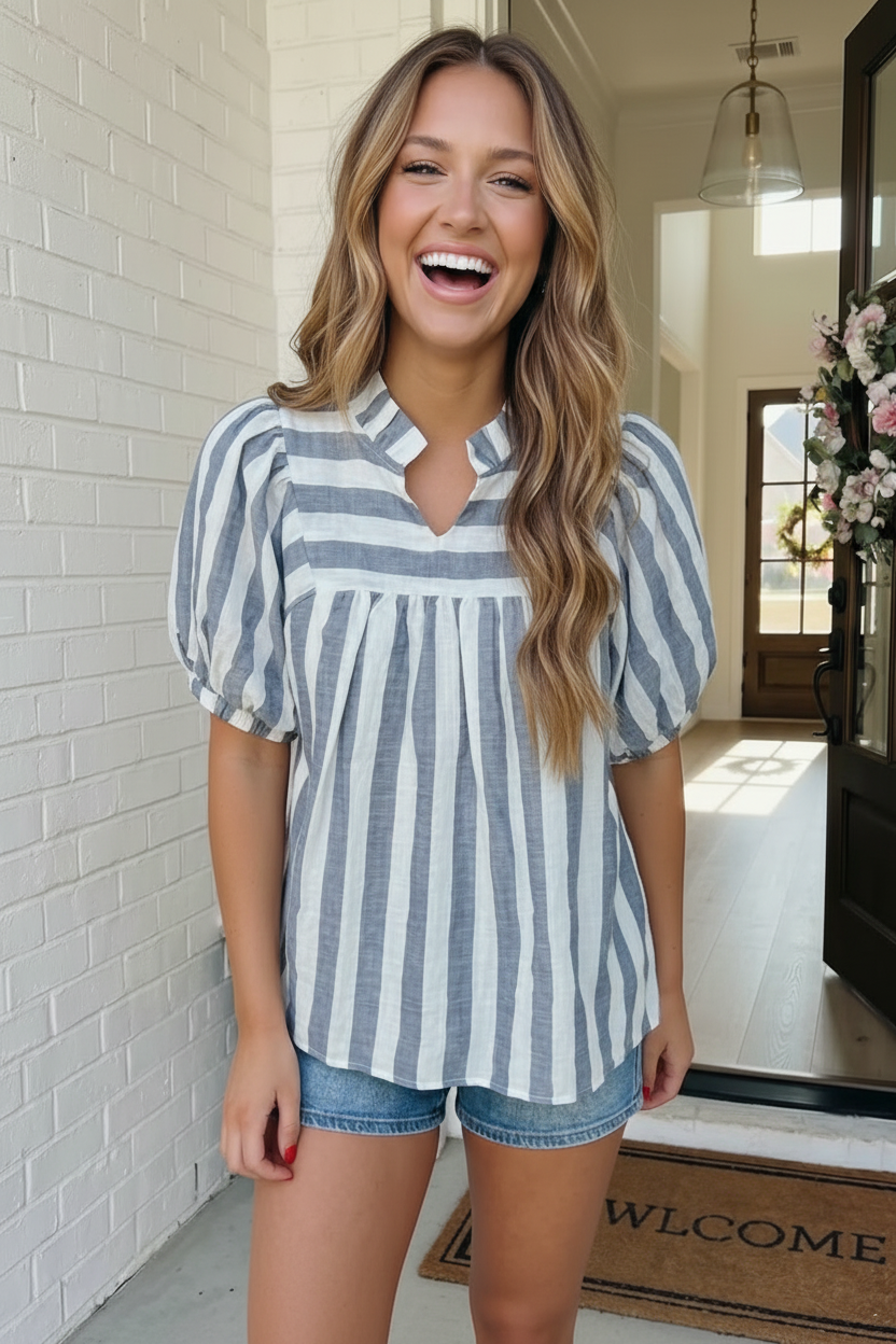 Haptics Blue Stripe It Right Babydoll Blouse