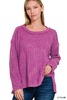 Zenana Light Plum Brushed Hacci Exposed Seam Hi Low Sweater
