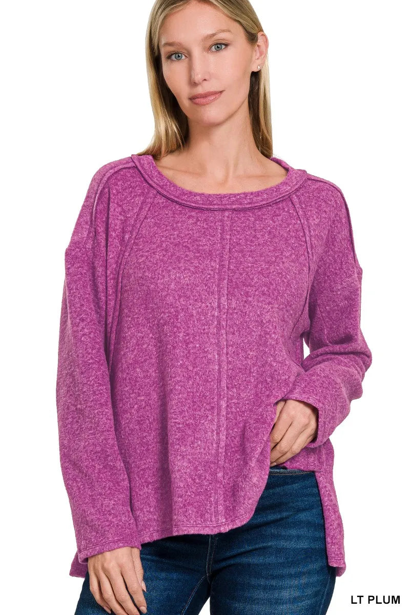 Zenana Light Plum Brushed Hacci Exposed Seam Hi Low Sweater