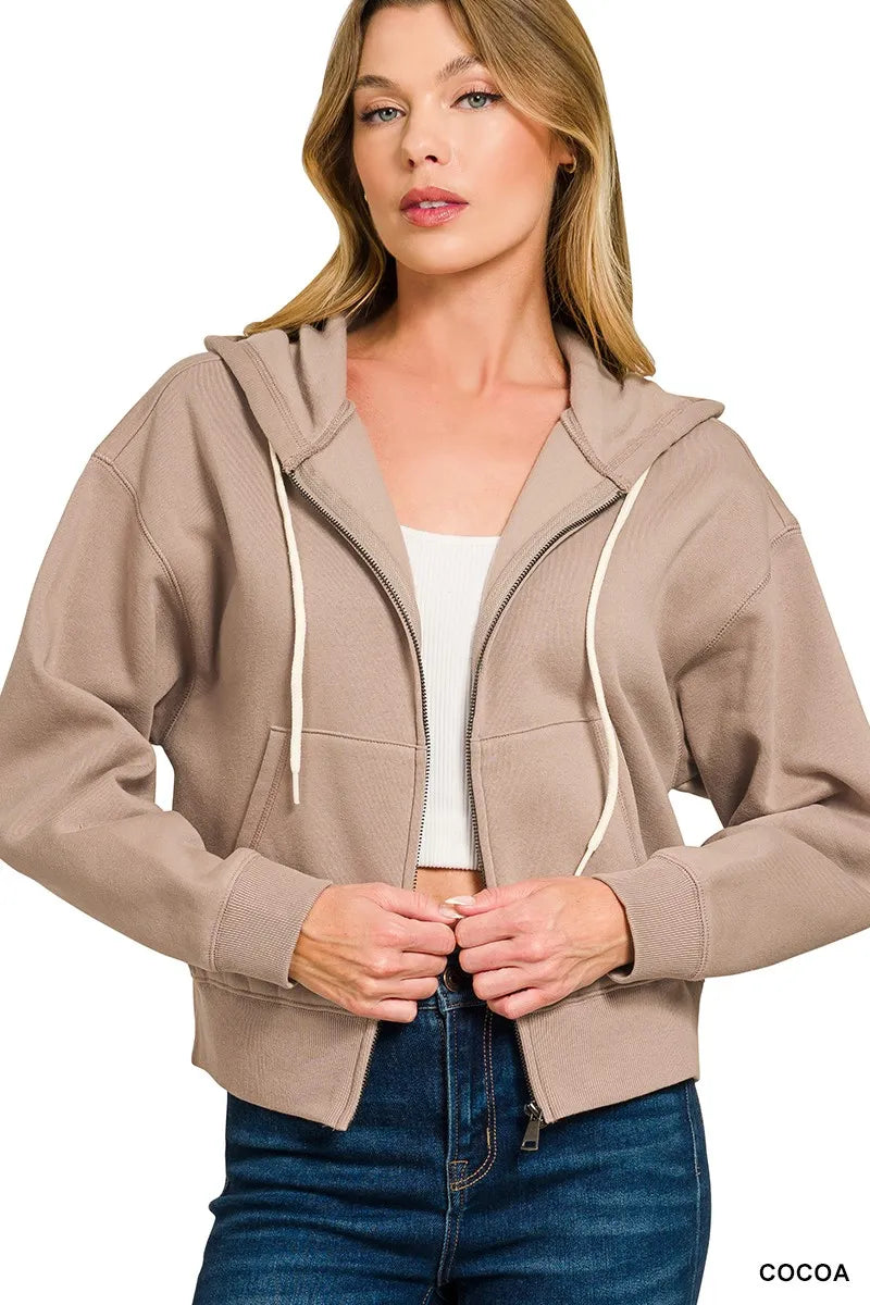 Zenana Cocoa Fleece Cropped Zip-up Hoodie with Pockets