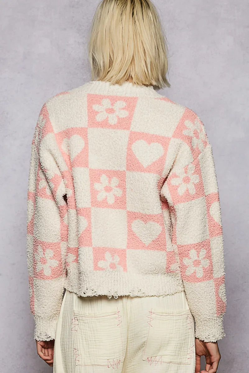 POL Cream & Pink V-Neck Heart Pattern Checkered Sweater