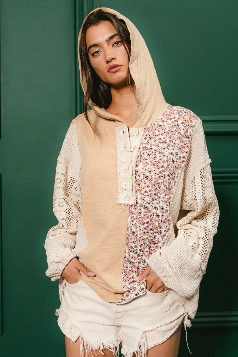 BiBi Taupe Slub Jersey with Lace Combo Buttoned Hoodie Top