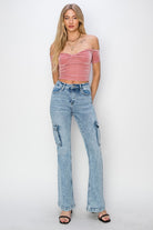 RISEN Medium Acid Washed High Rise Cargo Flare Jeans