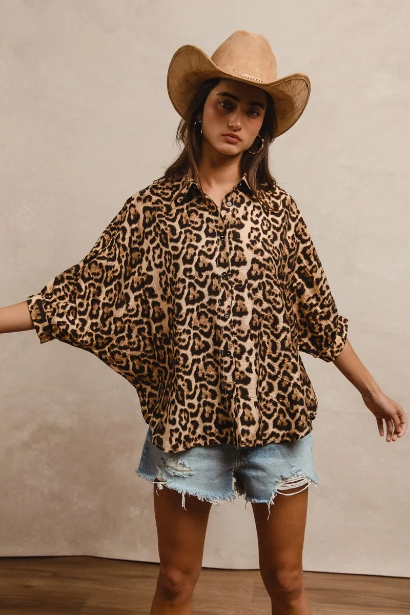 BiBi Leopard Print Button Up Oversized Short Sleeve Top