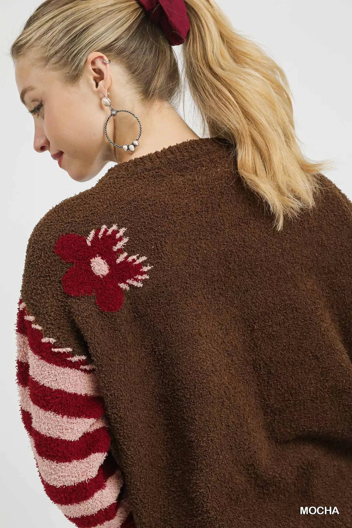 Umgee Mocha Flower Jacquard Striped Long Sleeve Sweater