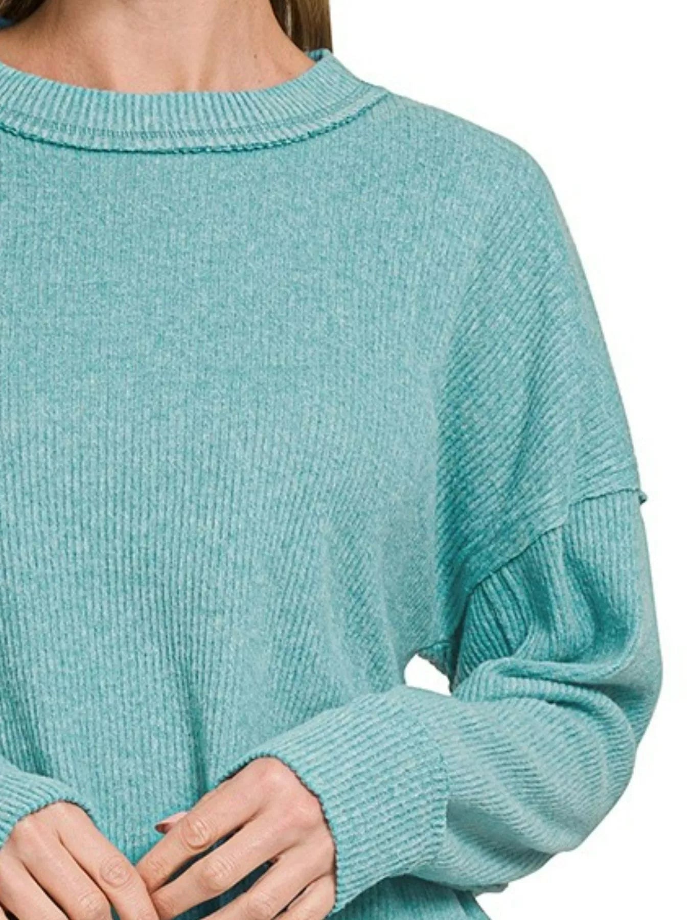 Zenana Dusty Teal Brushed Ribbed Hacci Drop Shoulder Sweater